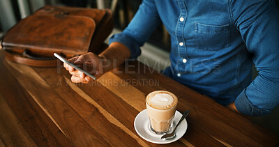Buy stock photo Cafe, coffee and hands with smartphone for survey, online communication and chat on social media. Restaurant, person and espresso cup with mobile for application, message or service review in closeup