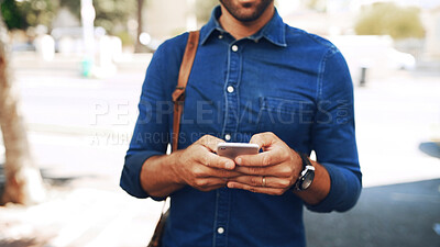 Buy stock photo Creative, man and hands with phone in city for travel, ride schedule and taxi app for trip booking. Professional, person and commute with smartphone outdoor for message notification and communication