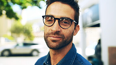 Buy stock photo Vision, glasses and portrait of man in city for eye care, optometry and health. Prescription lenses, optical frames and ophthalmology with male person outdoor for spectacles, retina and wellness
