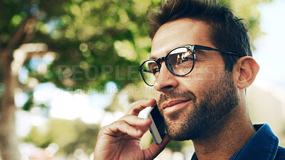 Buy stock photo Phone call, park or man travel with communication, connection or chat. Happy, creative person with smartphone, networking or contact outdoor with mobile conversation for internship or job opportunity