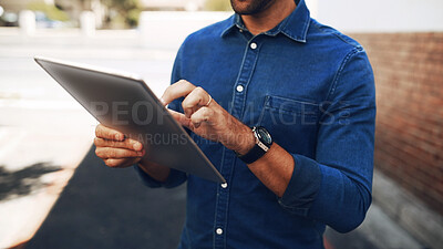 Buy stock photo Man, hands and research with tablet in city for business updates, network or news. Travel, creative person or social media with tech or app for communication, online search or browsing in urban town