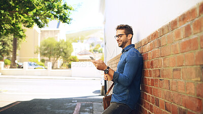 Buy stock photo Man, smile and phone with reading, message and email or post on internet for commute outside. Technology, communication and networking with social media, online schedule and planning morning travel