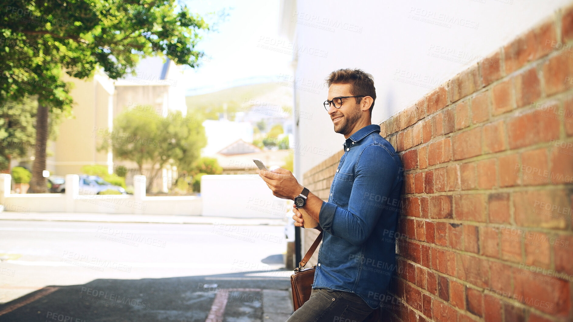 Buy stock photo Man, smile and phone with reading, message and email or post on internet for commute outside. Technology, communication and networking with social media, online schedule and planning morning travel