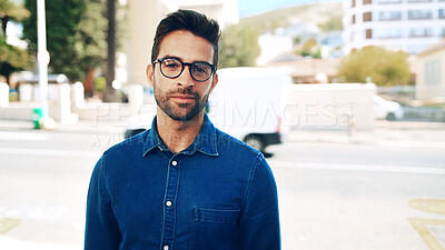 Buy stock photo Glasses, portrait and confident businessman in city as environmental journalist on commute. Travel, outdoor and professional worker, creative employee and reporter for eco friendly news in France
