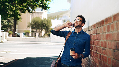 Buy stock photo Coffee, commute and phone call with business man on city street for conversation or thinking. Communication, drink and idea with happy employee outdoor on sidewalk for discussion, travel or update