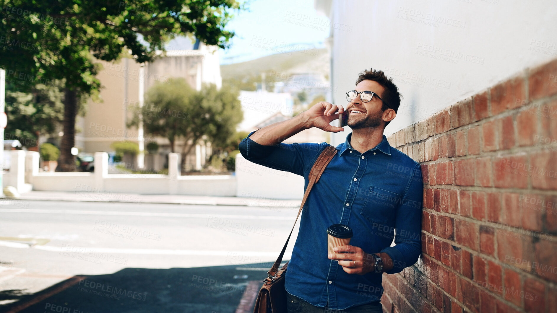 Buy stock photo Coffee, commute and phone call with business man on city street for conversation or thinking. Communication, drink and idea with happy employee outdoor on sidewalk for discussion, travel or update