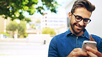 Happy man, city and chatting with phone for travel, commute or outdoor communication. Male person, travler or creative employee with smile on mobile smartphone for online texting app in an urban town