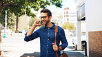 Phone call, commute and man travel with communication, connection or chat. Happy, creative person with smartphone, networking and contact with mobile conversation for internship opportunity in city