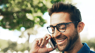 Buy stock photo Phone call, city and man travel with communication, connection or chat. Happy, creative person with smartphone, networking and contact with mobile conversation for internship opportunity by park