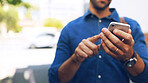 Creative man, hand and phone in city for travel, networking and taxi app for ride booking. Happy professional, person and commute with smartphone outdoor for text notification or social media scroll