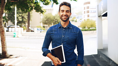 Buy stock photo Businessman, portrait and smile with tablet in city for business updates, network or news. Travel, happy man or social media with tech or app for creative, confidence or commute in urban town
