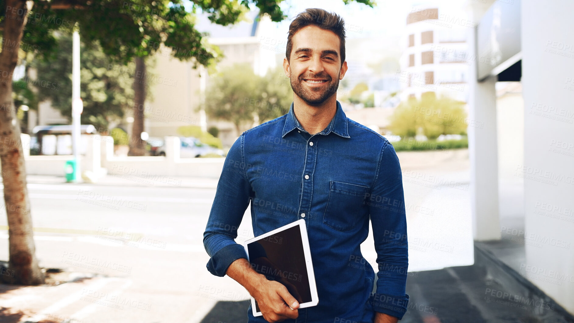 Buy stock photo Businessman, portrait and smile with tablet in city for business updates, network or news. Travel, happy man or social media with tech or app for creative, confidence or commute in urban town