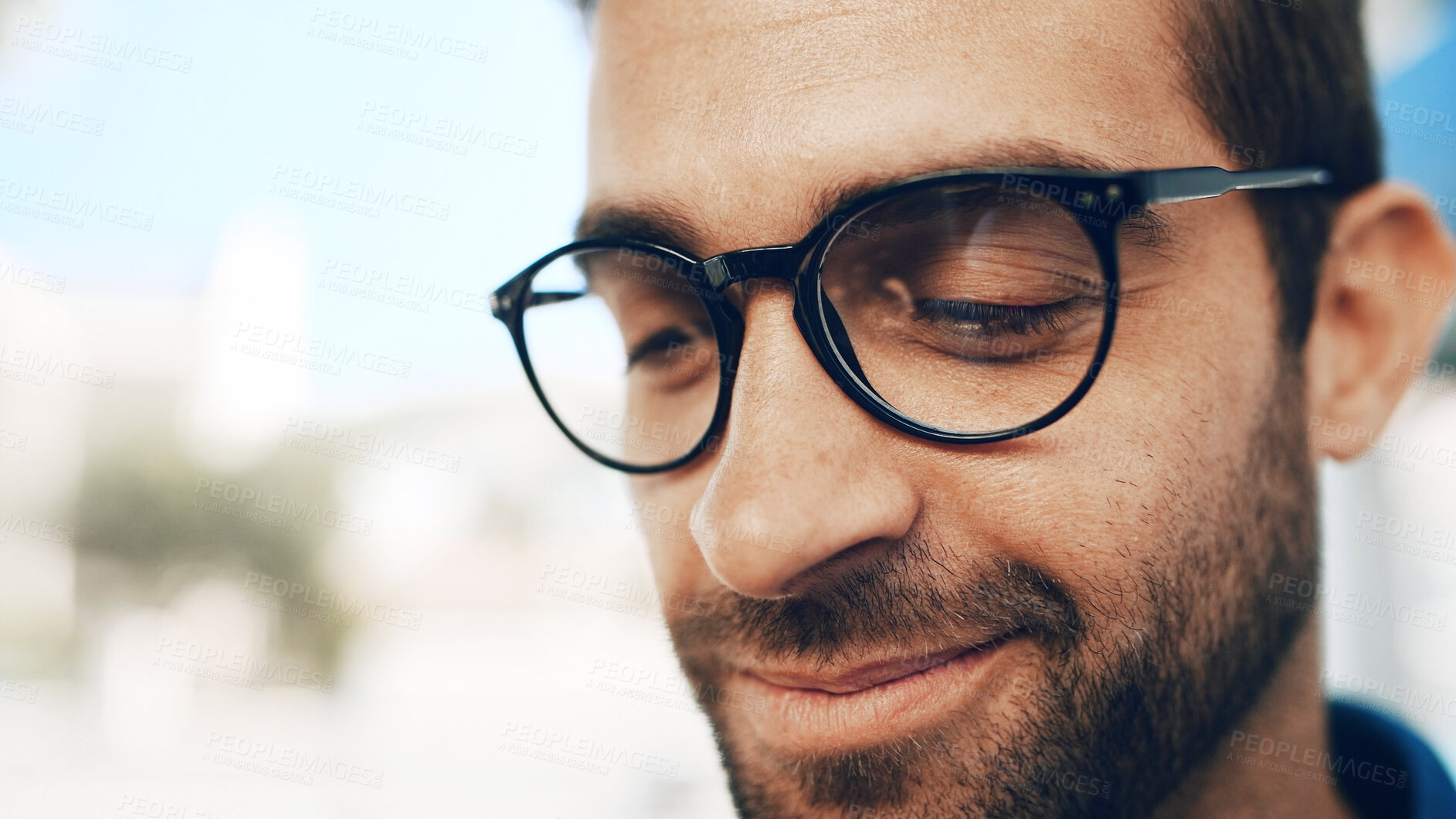 Buy stock photo Glasses, optometry and man with smile for eye care, health or wellness for prescription lens. Happy, spectacles and male person with confidence for optical eyewear for vision, eyesight or frame.