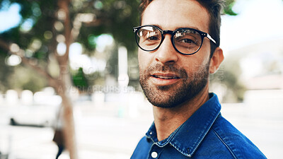 Buy stock photo Glasses, portrait and business man outdoor with environmental journalist on commute. Face, confidence and professional worker in city, creative employee and reporter for eco friendly news in France