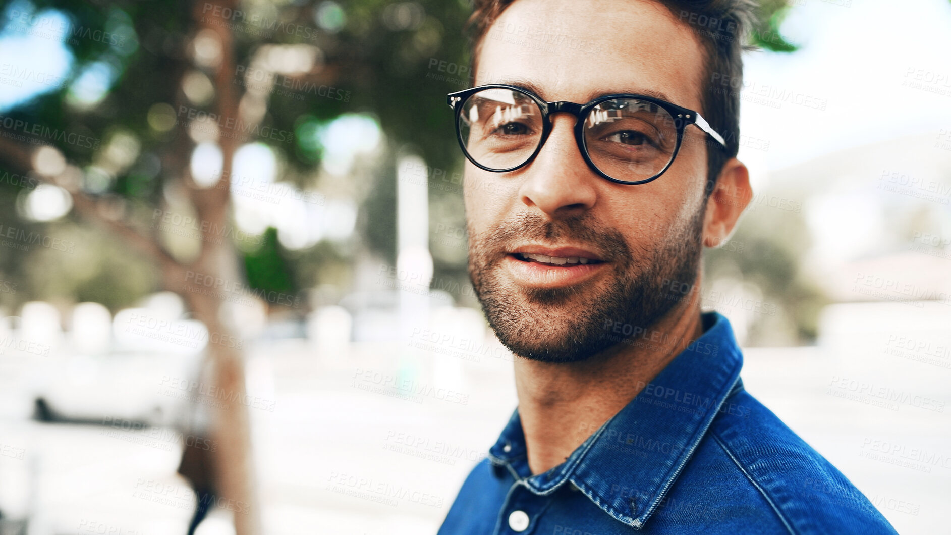 Buy stock photo Glasses, portrait and business man outdoor with environmental journalist on commute. Face, confidence and professional worker in city, creative employee and reporter for eco friendly news in France