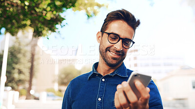 Buy stock photo Commute, glasses and phone with business man on city street to search for directions to location. App, map and mobile with employee outdoor on downtown sidewalk for communication or travel to work