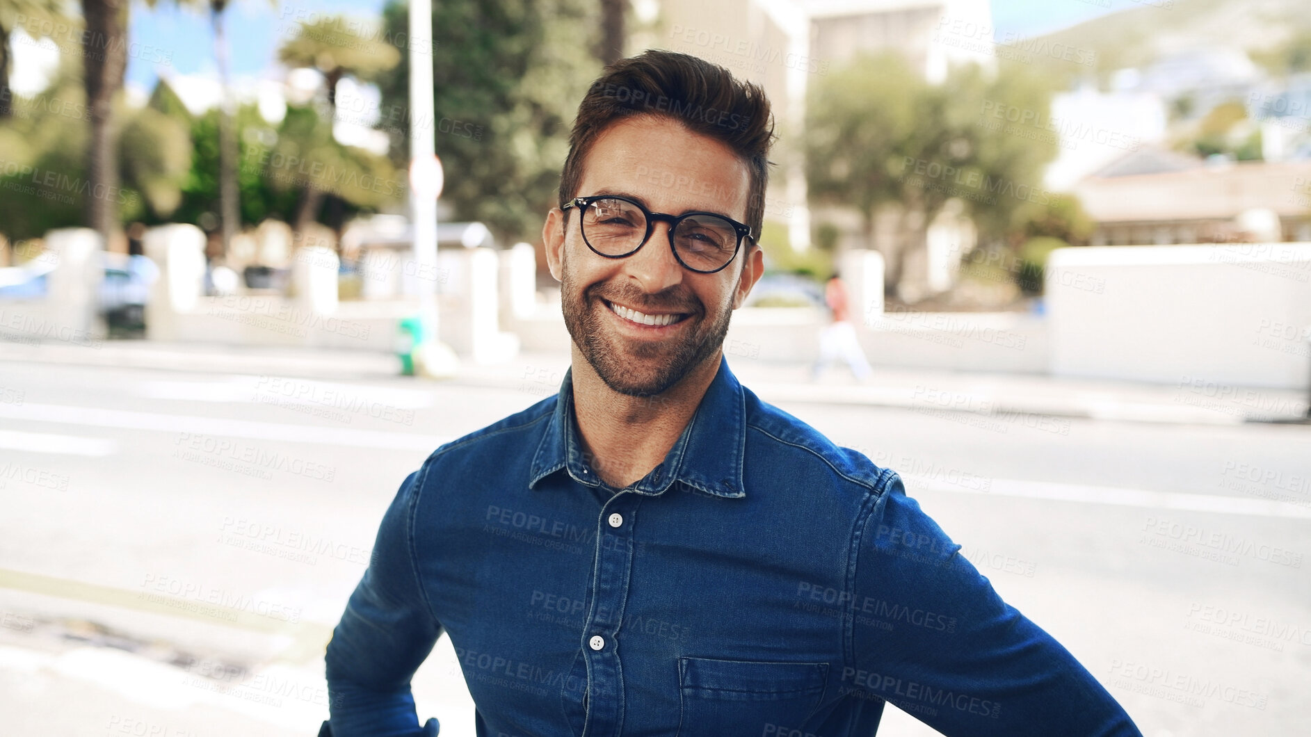 Buy stock photo Portrait, smile and man with glasses in city for vision, eyesight and prescription lens. Confident, male person and eyewear with new frames for eye care, optical health and visual wellness in town