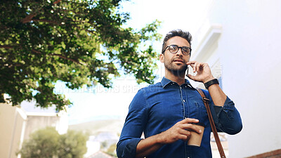 Buy stock photo Phone call, commute and man travel with conversation, connection and coffee. Creative person, walk and low angle with smartphone, contact and mobile communication for internship opportunity in city