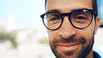Portrait, business and man with glasses in city for vision, eyesight and prescription lens. Closeup, male person and eyewear with new frames for eye care, optical health and visual wellness in town