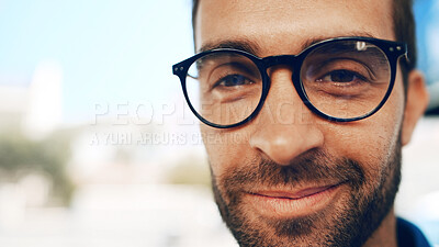 Buy stock photo Portrait, business and man with glasses in city for vision, eyesight and prescription lens. Closeup, person face and eyewear with new frames for eye care, optical health and visual wellness in town