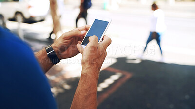 Buy stock photo Mobile screen, hands and person in city for travel, navigation app or search destination online. Phone display, email and man outdoor for chat, text location and scroll message on street with space