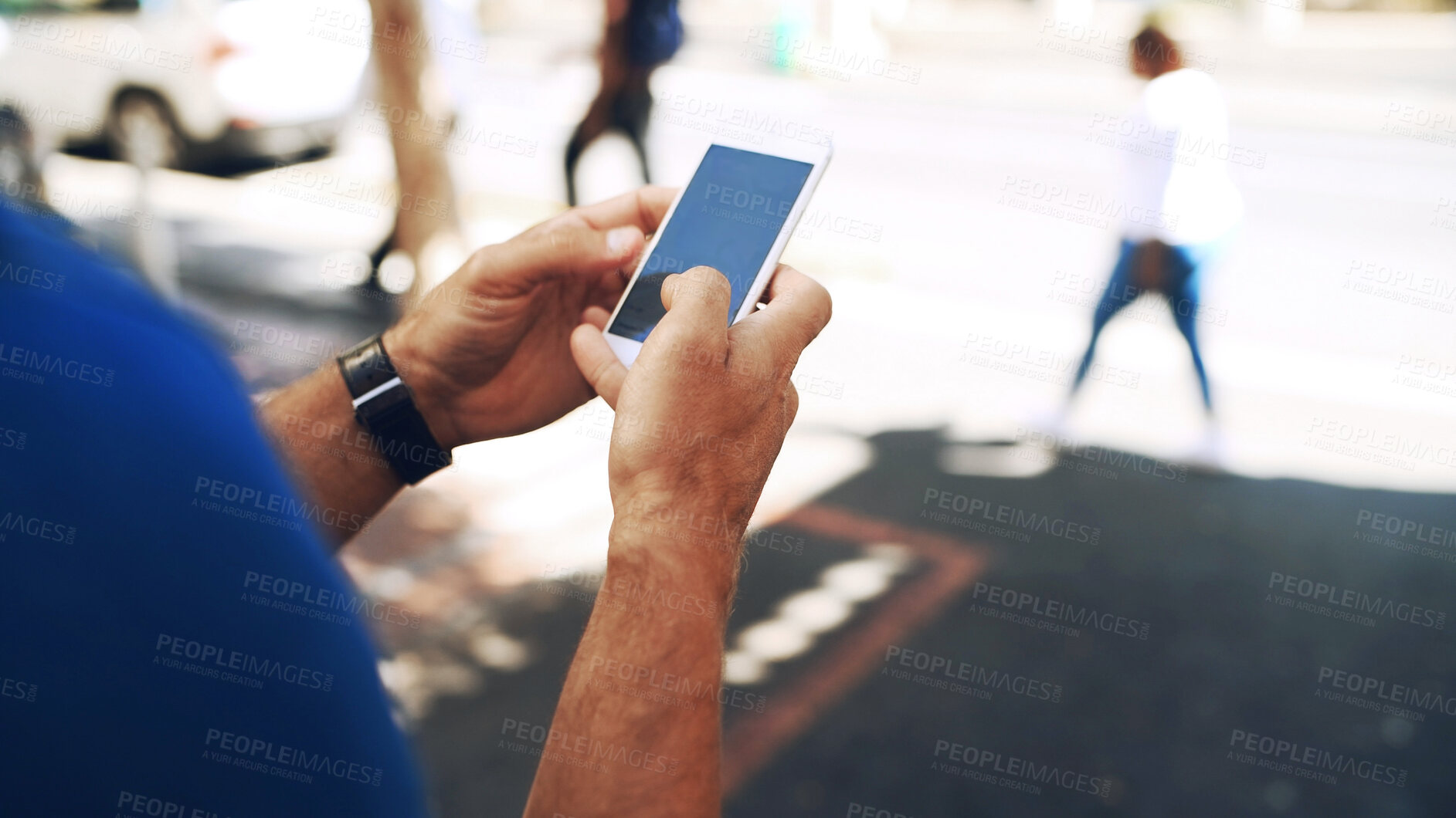 Buy stock photo Mobile screen, hands and person in city for travel, navigation app or search destination online. Phone display, email and man outdoor for chat, text location and scroll message on street with space