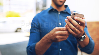 Buy stock photo Commute, hands and phone with business man on city street to search for directions information. App, social media or text message with employee person outdoor on downtown sidewalk for travel to work