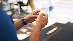 Mobile screen, hands and person on street for travel, navigation app or search destination online. Phone display, email and man in city for chat, text location and scroll message on internet outdoor