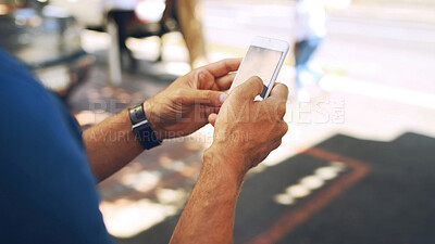 Buy stock photo Mobile screen, hands and person on street for travel, navigation app or search destination online. Phone display, email and man in city for chat, text location and scroll message on internet outdoor