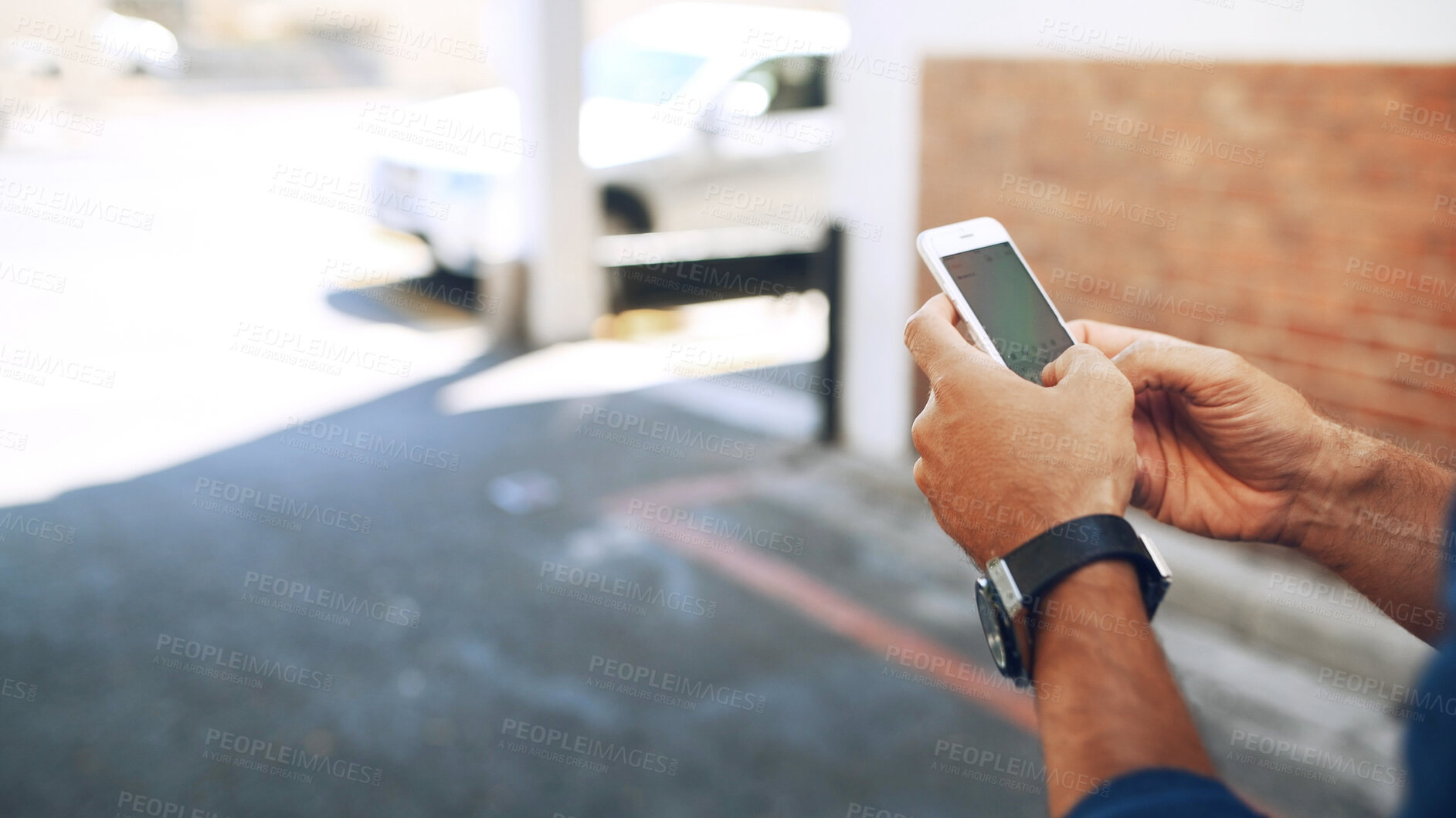 Buy stock photo Phone screen, hands and person in city for travel, navigation app or search destination online. Mobile display, network and man outdoor for chat, text location or typing message on street with space