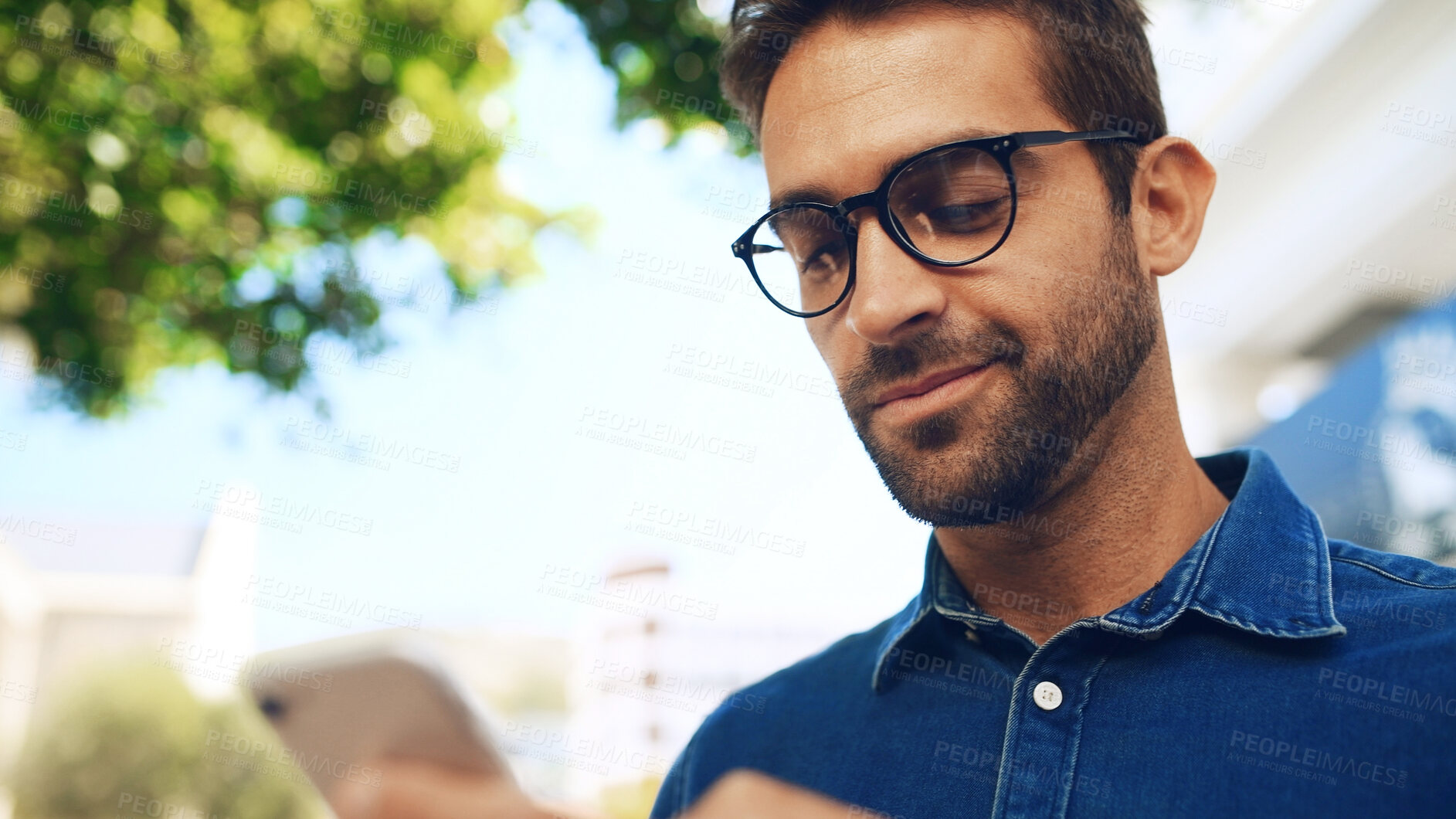 Buy stock photo Commute, phone and text message with business man outdoor in city for communication or travel. App, reading and social media with employee person in urban town to search for directions to work