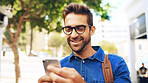 Creative, man and happy with phone in city for travel, networking and taxi app for ride booking. Professional, person and commute with smartphone outdoor for text notification or social media scroll