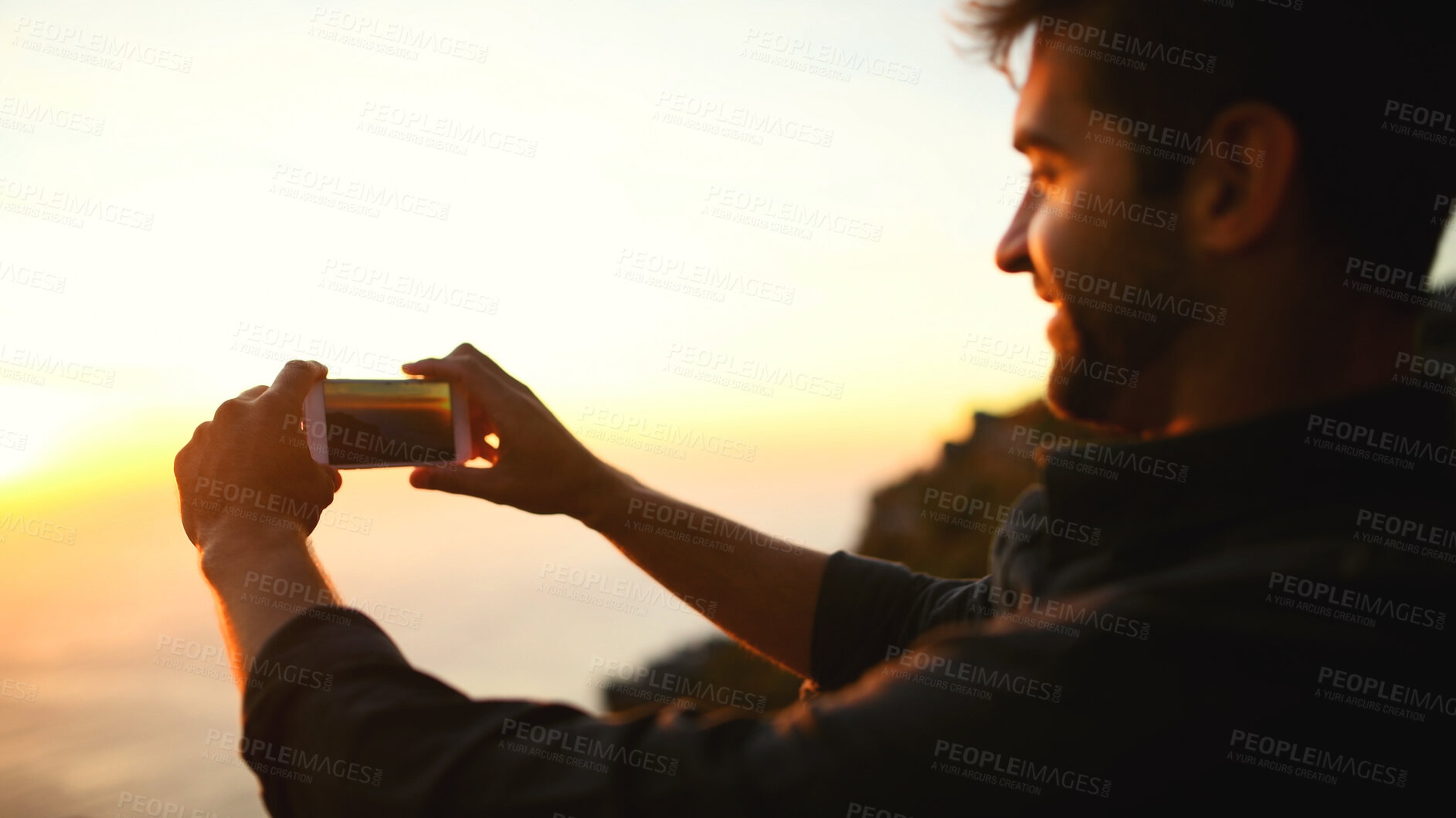 Buy stock photo Man, hands and phone camera with sunset for picture, photography or capture moment in nature. Male person, hiker or travel with mobile smartphone or app for scenic view or memory of outdoor adventure