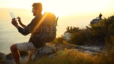 Buy stock photo Man, hiking and mountain at sunset with tablet, ocean or click for search on digital map in summer. Person, perspective and touchscreen by sea, cliff and app for direction with trekking in Greece
