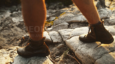 Buy stock photo Legs, person and hiking outdoor for travel, vacation and holiday on adventure in nature. Walking, shoes and hiker trekking on mountain for exploration, tourism and journey for hobby in environment