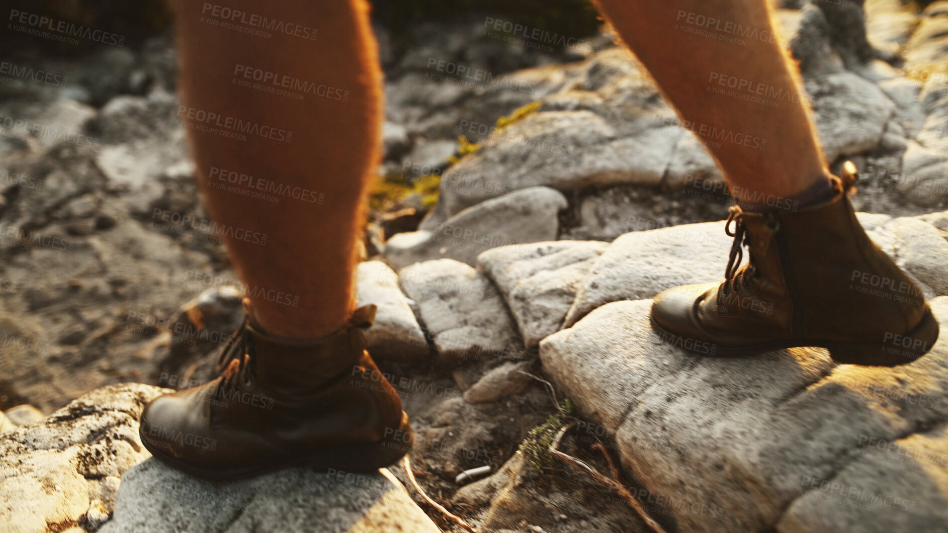 Buy stock photo Legs, person and hiking outdoor for travel, vacation and holiday on adventure in nature. Walking, shoes and hiker trekking on mountain for exploration, tourism and journey for hobby in environment