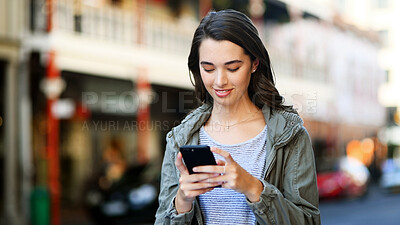 Buy stock photo Typing, internet and woman in city, cellphone and message to contact, texting and email. Outdoor, journey and person with smartphone, social media or digital app with communication, reading or travel