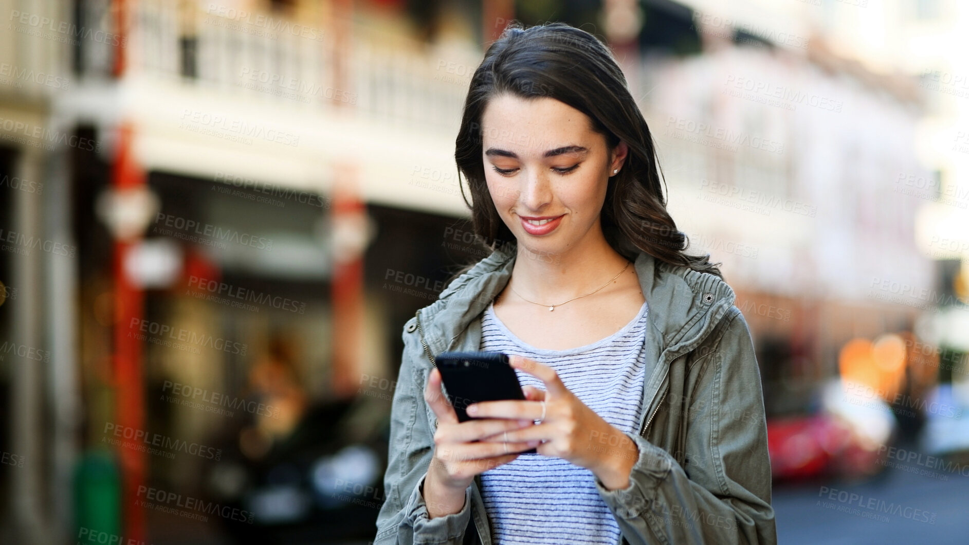 Buy stock photo Typing, internet and woman in city, cellphone and message to contact, texting and email. Outdoor, journey and person with smartphone, social media or digital app with communication, reading or travel
