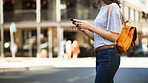 Phone, travel and woman in city walking for sightseeing with networking, social media or contact. Cellphone, holiday and female person with communication on mobile app in urban town on vacation.