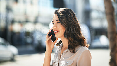 Buy stock photo Happy woman, travel and phone call in city street for communication, conversation or outdoor chat. Female person, tourist or smile on mobile for friendly discussion or booking transport in town