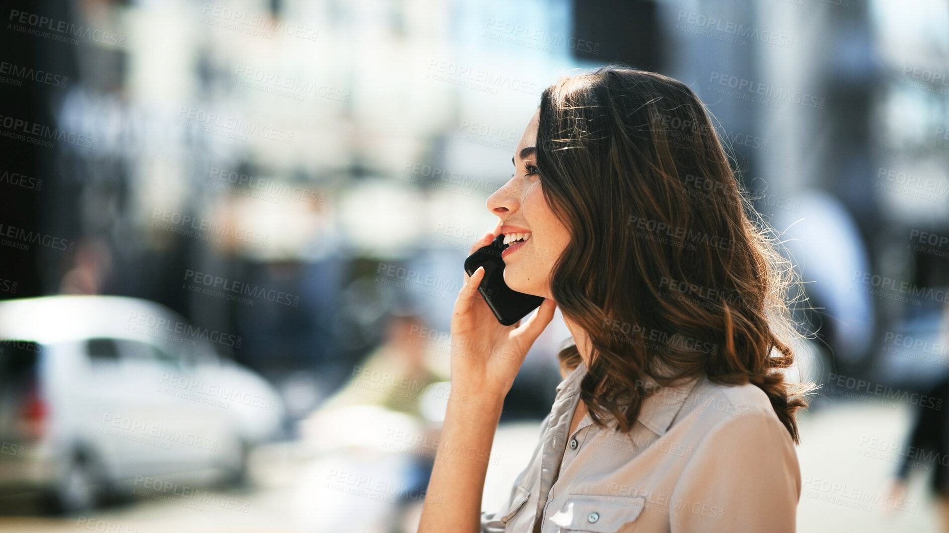 Buy stock photo Happy woman, travel and phone call in city street for conversation, outdoor chat or communication. Female person, tourist or smile on mobile smartphone for friendly discussion or booking transport