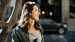 Happy, city and woman in street for travel, sightseeing and explore urban town on weekend. Tourist, photographer and person outdoor for adventure, journey and excited for holiday and vacation