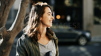 Buy stock photo Happy, city and woman in street for travel, sightseeing and explore urban town on weekend. Tourist, photographer and person outdoor for adventure, journey and excited for holiday and vacation