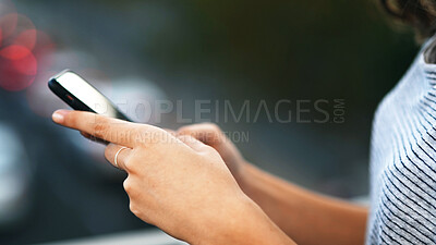 Buy stock photo Hands, woman and typing with phone in city for direction search, online ride booking and travel app. Connection, person and smartphone outdoor for social networking, destination map and communication