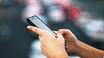 Person, hands and typing with phone for communication, social media or chat on bokeh background. Closeup, user or texting with mobile smartphone or network for online research, browsing or app