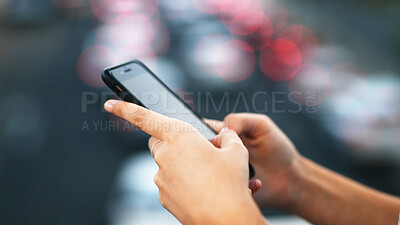 Buy stock photo Person, hands and typing with phone for communication, social media or chat on bokeh. Closeup, user or texting on mobile smartphone or wireless network connection for online research, browsing or app