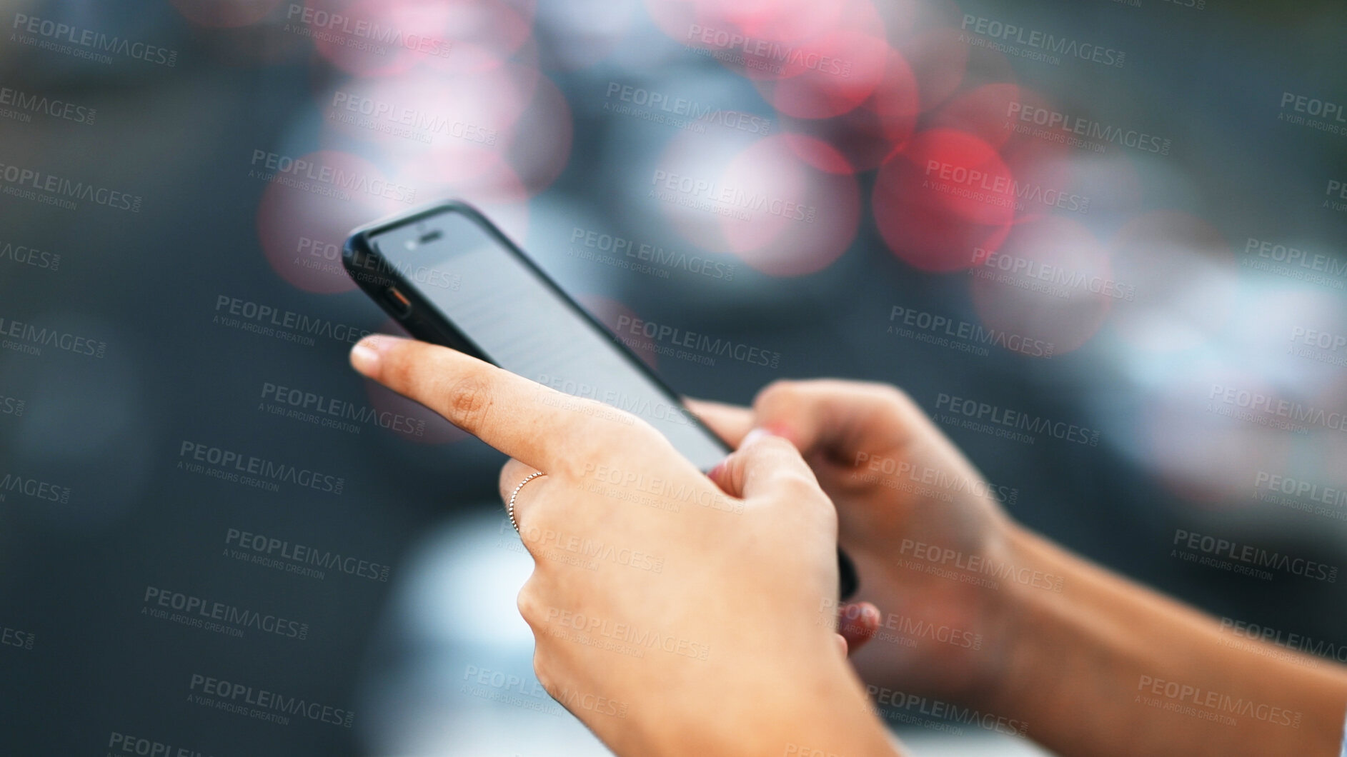 Buy stock photo Person, hands and typing with phone for communication, social media or chat on bokeh. Closeup, user or texting on mobile smartphone or wireless network connection for online research, browsing or app