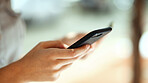 Person, hands or phone with credit card for ecommerce, payment or shopping app in city. Closeup, shopper or online shopping with mobile smartphone or debit for remote transaction in an urban town