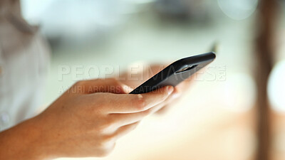Buy stock photo Person, hands or typing with phone for ecommerce, online payment or shopping app on bokeh. Closeup, shopper or user with mobile smartphone for remote transaction, virtual banking or wireless purchase