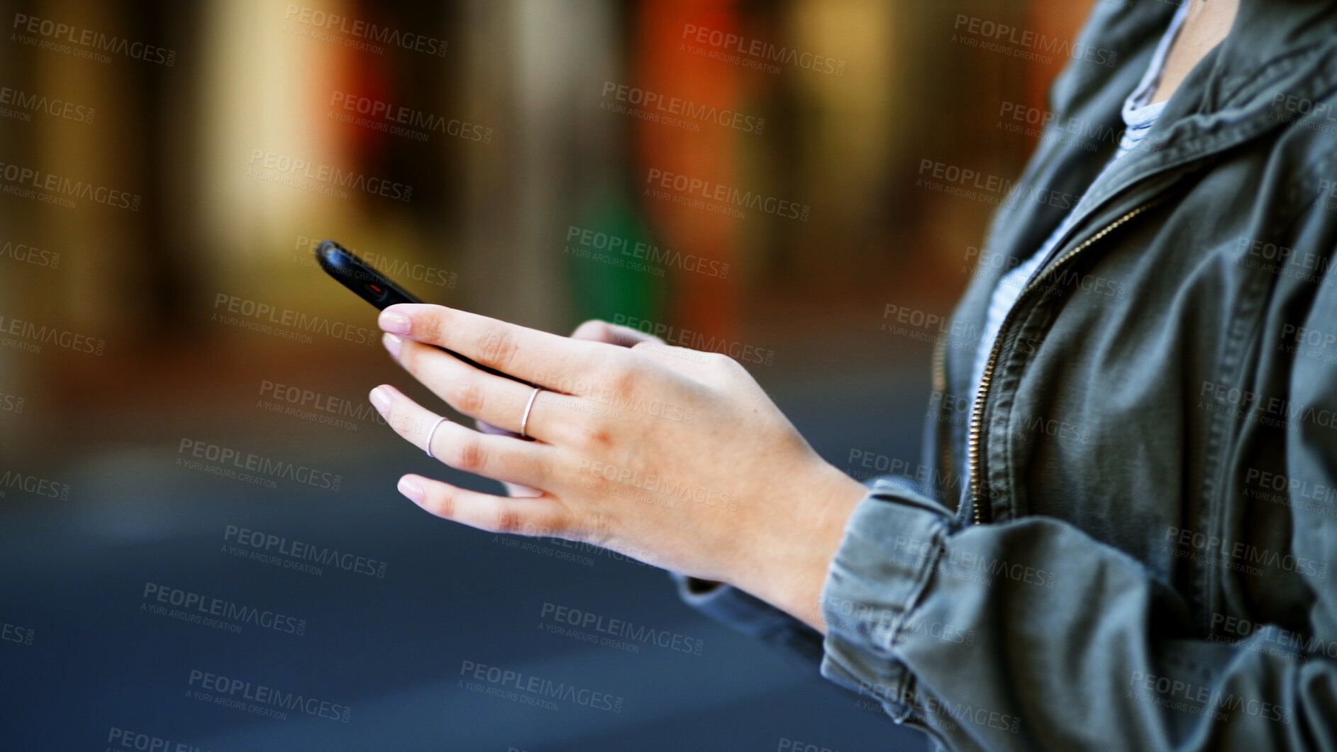 Buy stock photo Hands, woman and typing with phone outdoor for direction search, online navigation and location app. Connection, person and smartphone in city for social networking, internet map and communication